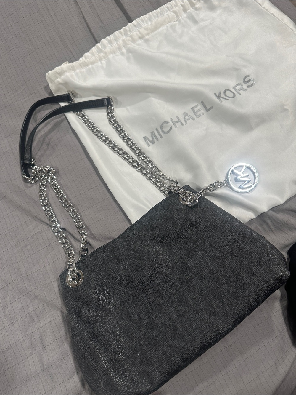 Michael Kors Black Pebbled Logo Shoulder Bag with Silver Chain
